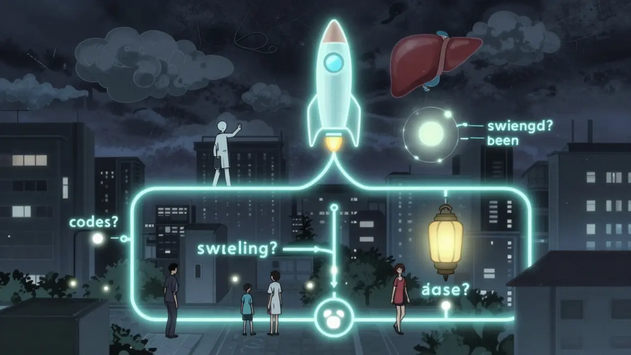 Neon decision tree through a human body, guiding to ibuprofen or acetaminophen based on symptoms.