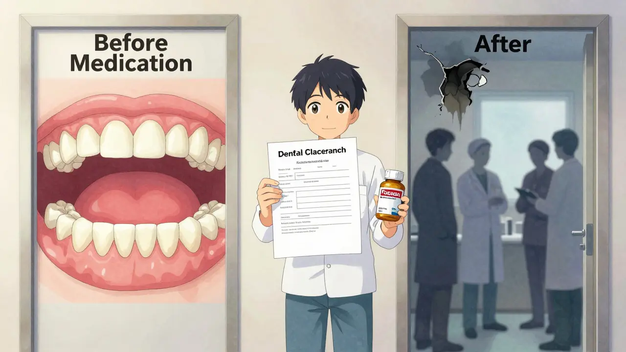 Patient holding medication and dental clearance letter, standing between healthy and damaged jawbone pathways.