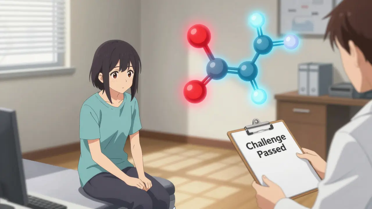 Patient in allergist's office with molecular structures showing safe vs. dangerous sulfonamides in glowing colors.