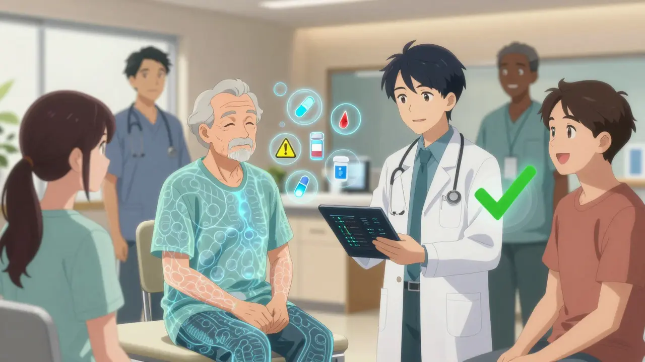 Patients in a clinic with translucent genetic overlays and digital health data.