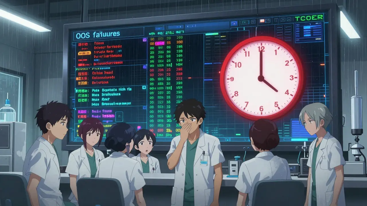 Pharmaceutical team facing a digital dashboard with countdown clock and violation alerts.