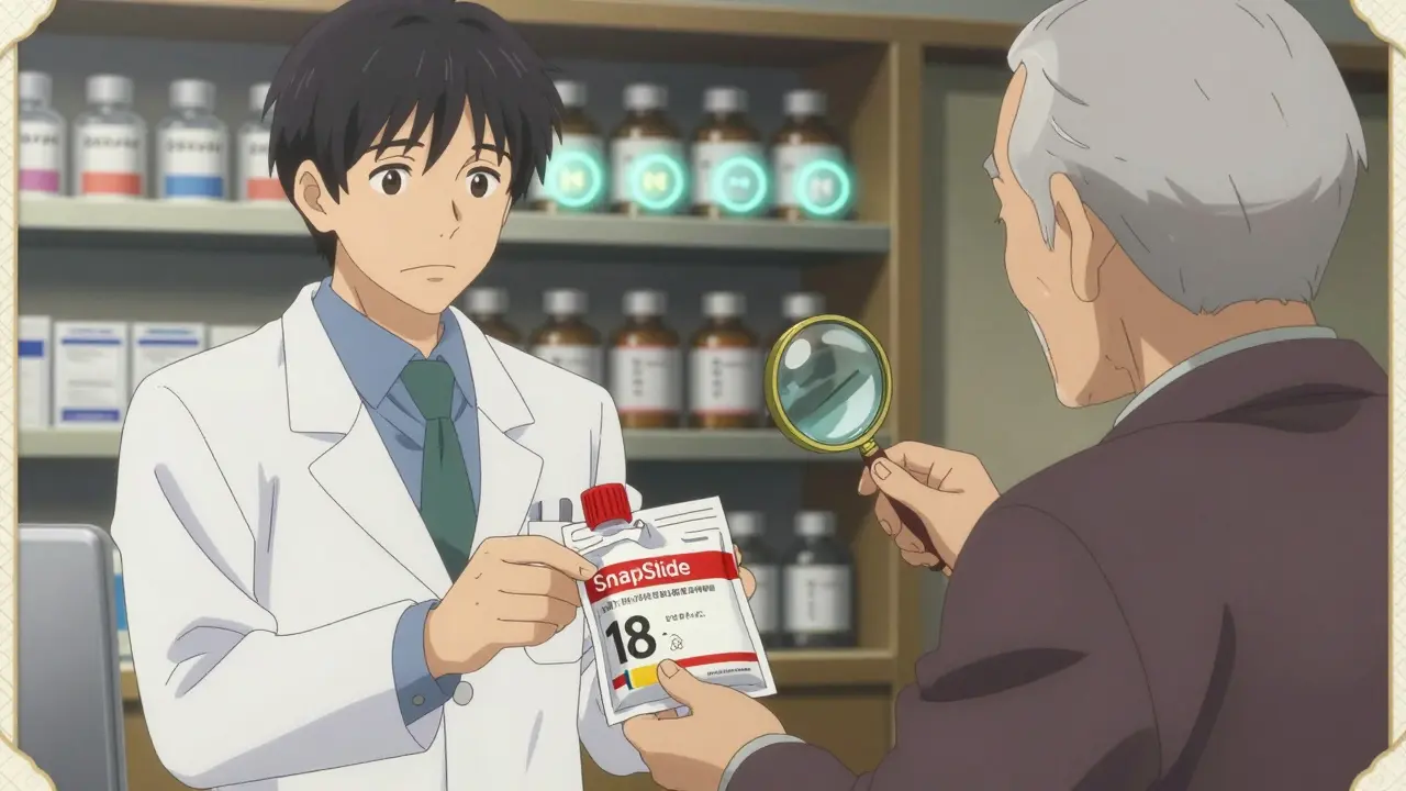 Pharmacist handing a prescription with accessible packaging to a senior customer.