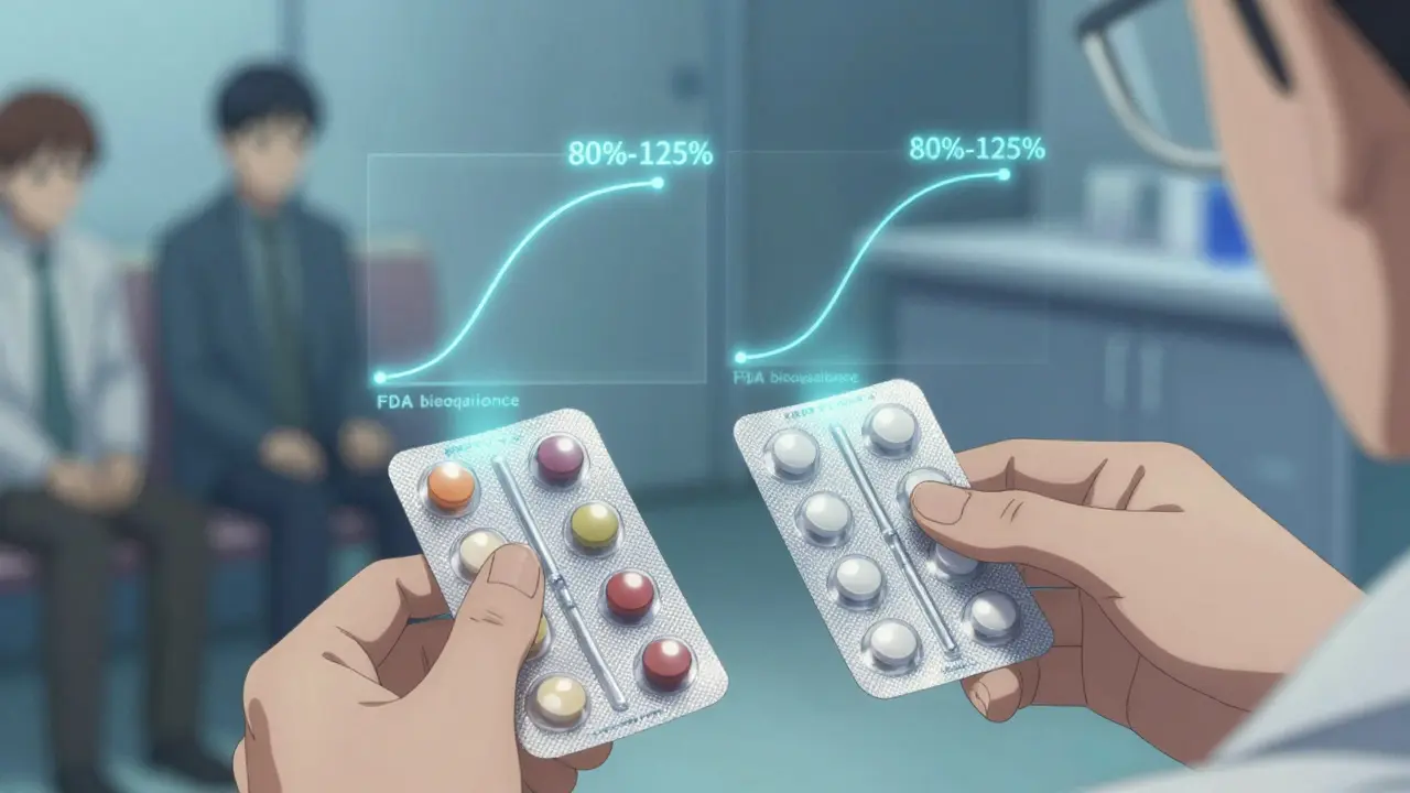 Pharmacist’s hands placing generic and brand pills into blister packs with matching absorption curves floating above.