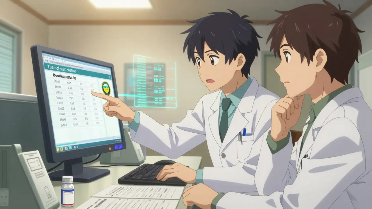 Pharmacist showing a biosimilar's lot number and FDA interchangeability status on an EHR screen to a physician.