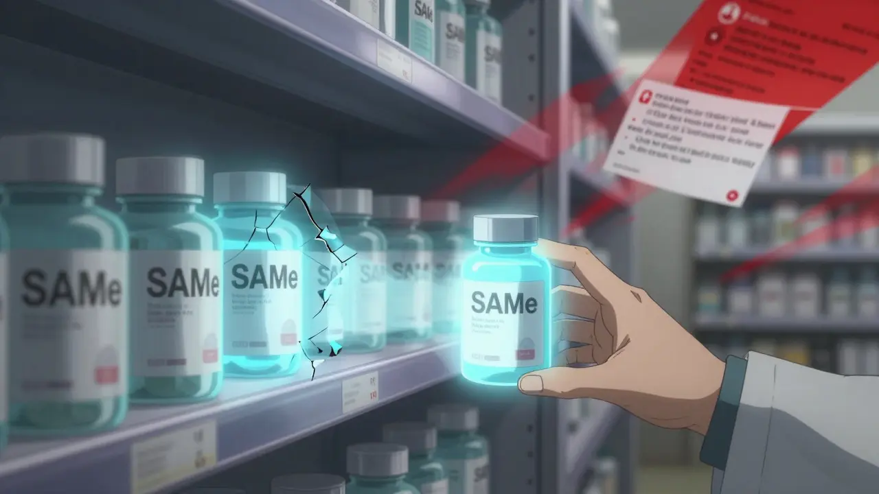 Pharmacy shelf with fading SAMe bottles and one refrigerated, pristine bottle illuminated, surrounded by ghostly warning labels.