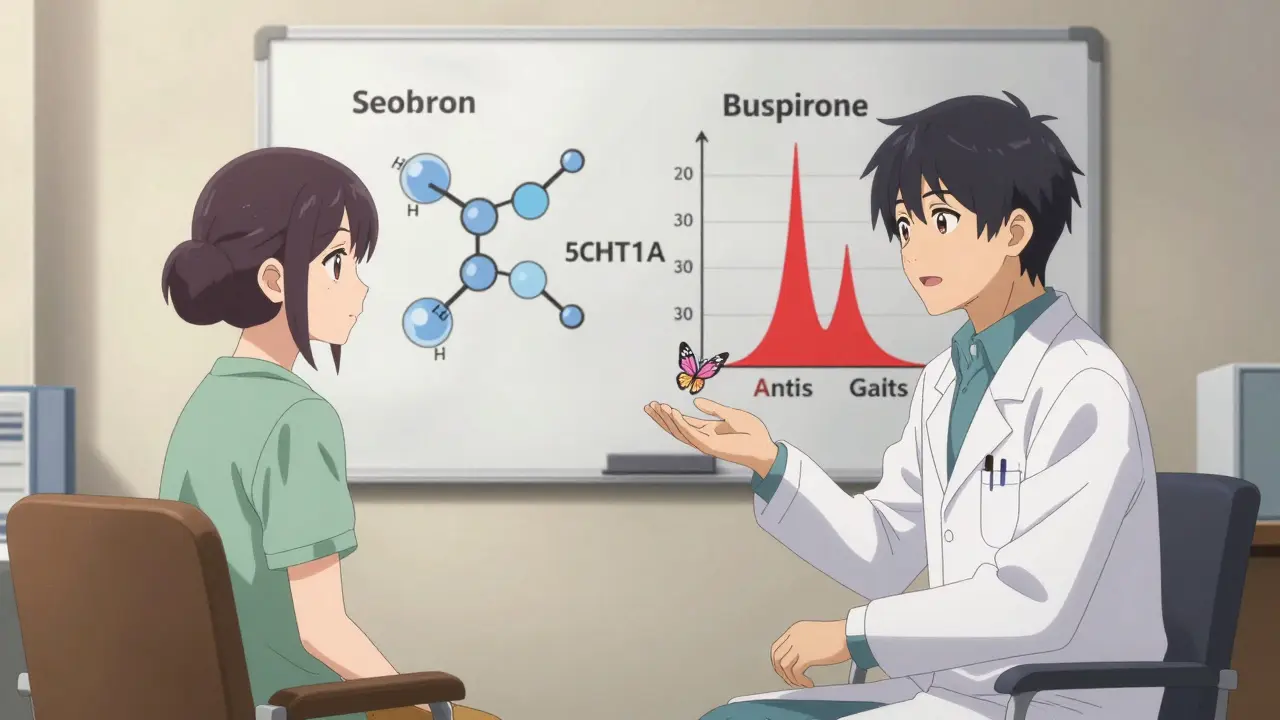 Psychiatrist and patient in office, whiteboard showing buspirone benefits vs antipsychotics.