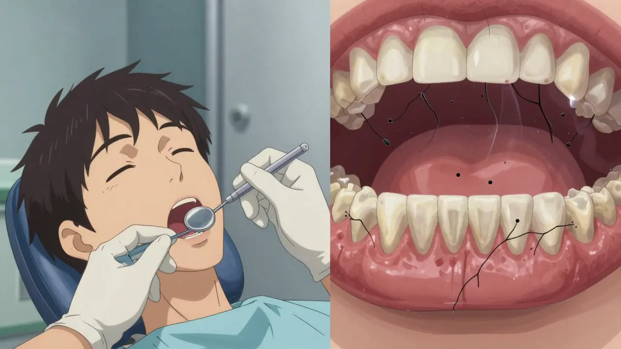 Split illustration of a dental exam with transparent view of dying jawbone and bacterial invasion beneath the gums.