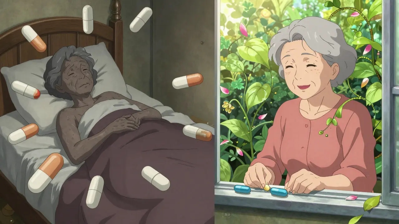 Split image: frail elderly woman surrounded by pills vs. same woman gardening happily with only three essential medications.