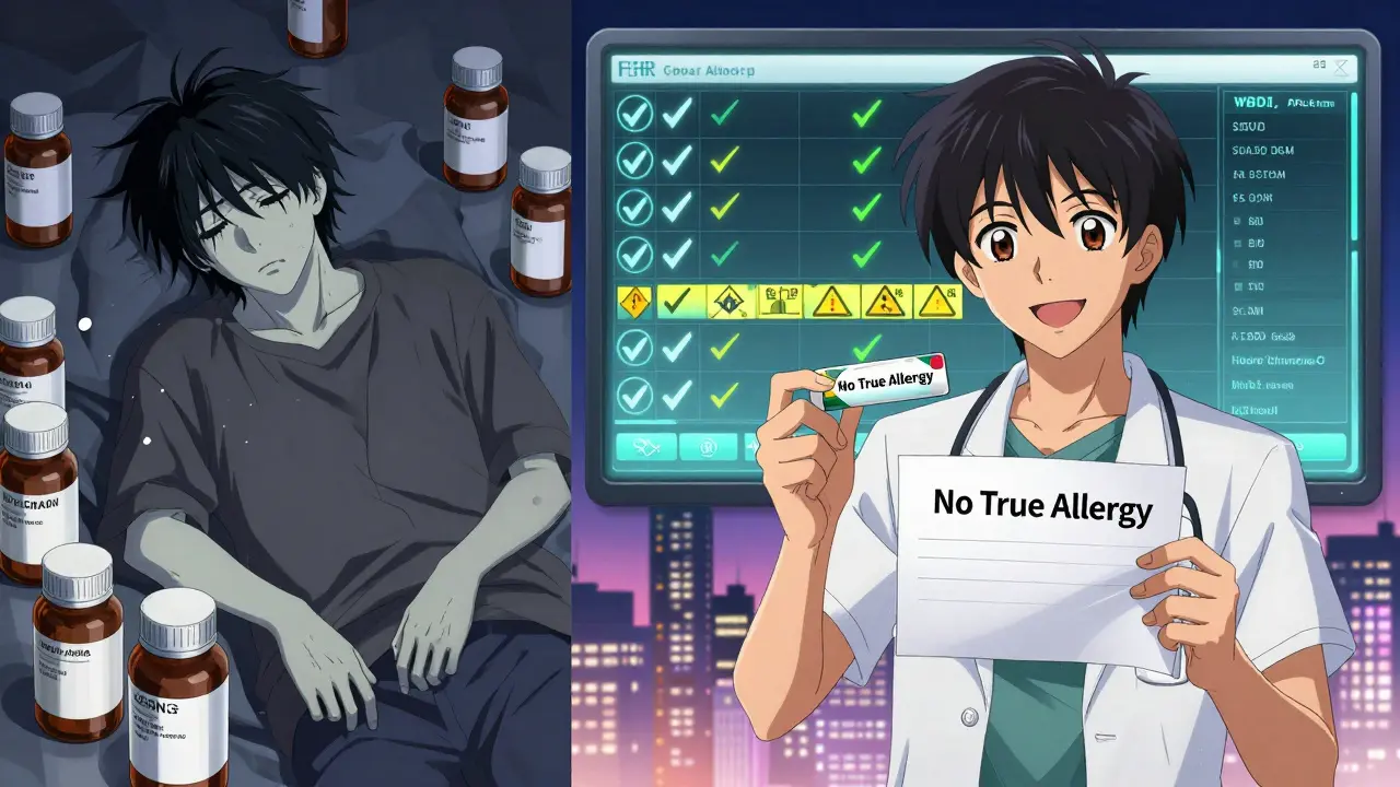 Split image: tired person surrounded by pills vs. healthy person holding hydrochlorothiazide with updated medical note.