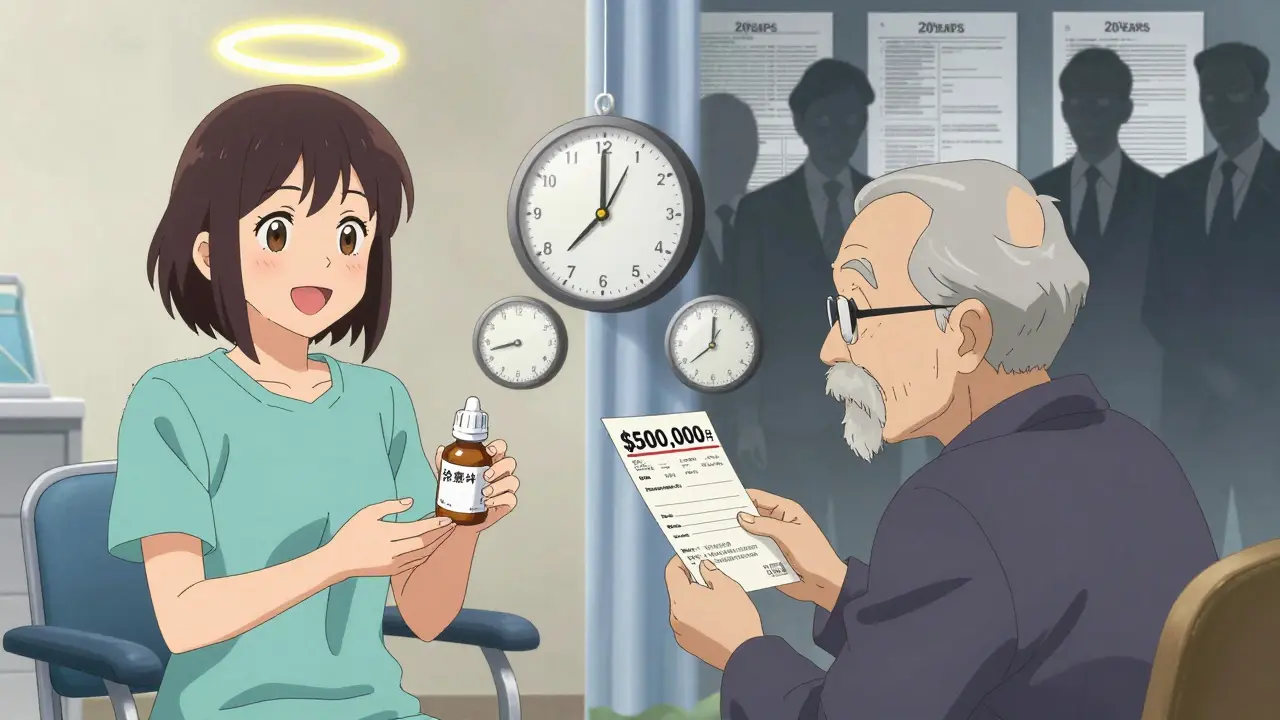 Split scene: a child receives a rare drug with long exclusivity, while an elderly patient faces a 0k price tag.