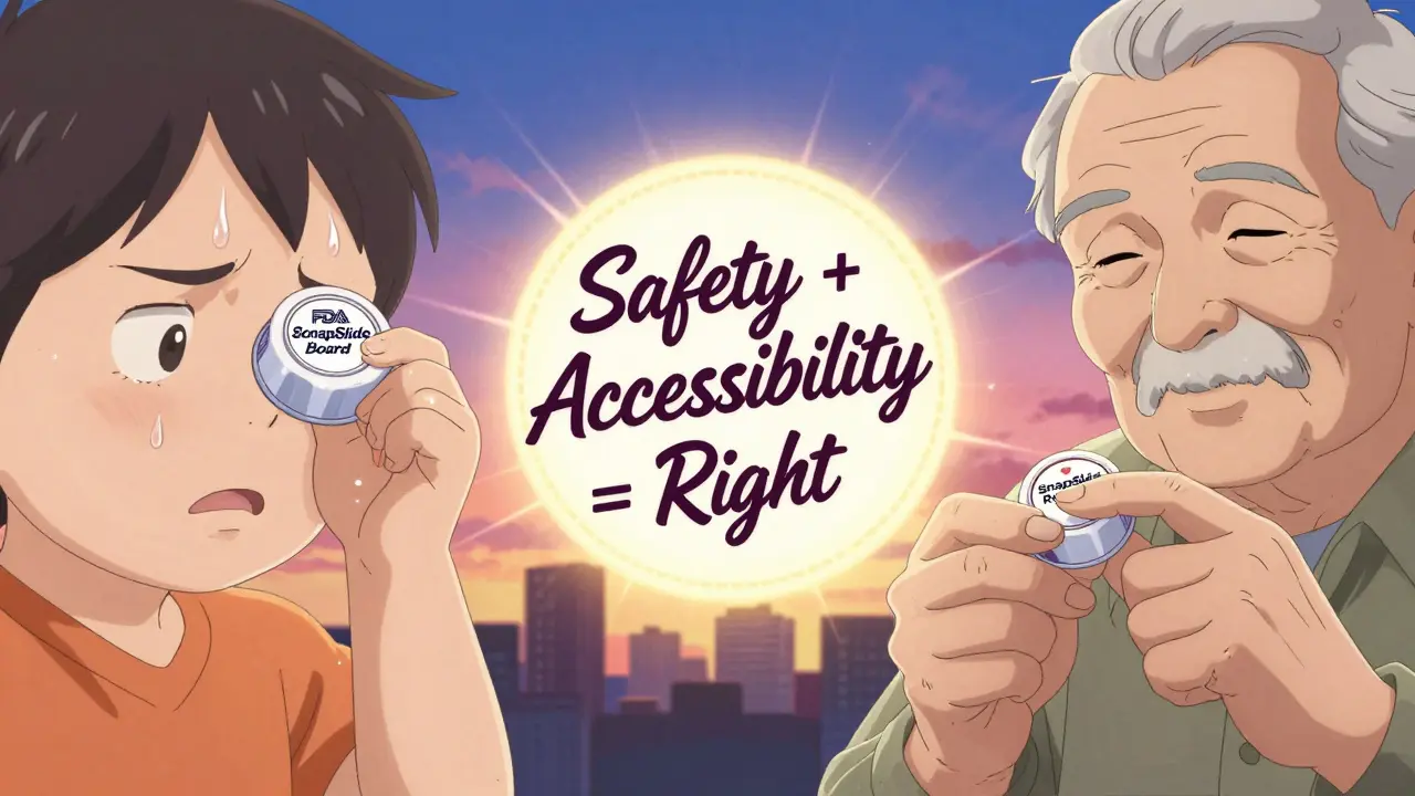 Split scene comparing child-resistant cap struggle with easy-slide cap success, symbolizing safety and accessibility.