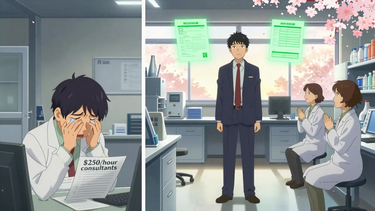 Split scene: distressed factory owner transforms into confident leader after quality overhaul.