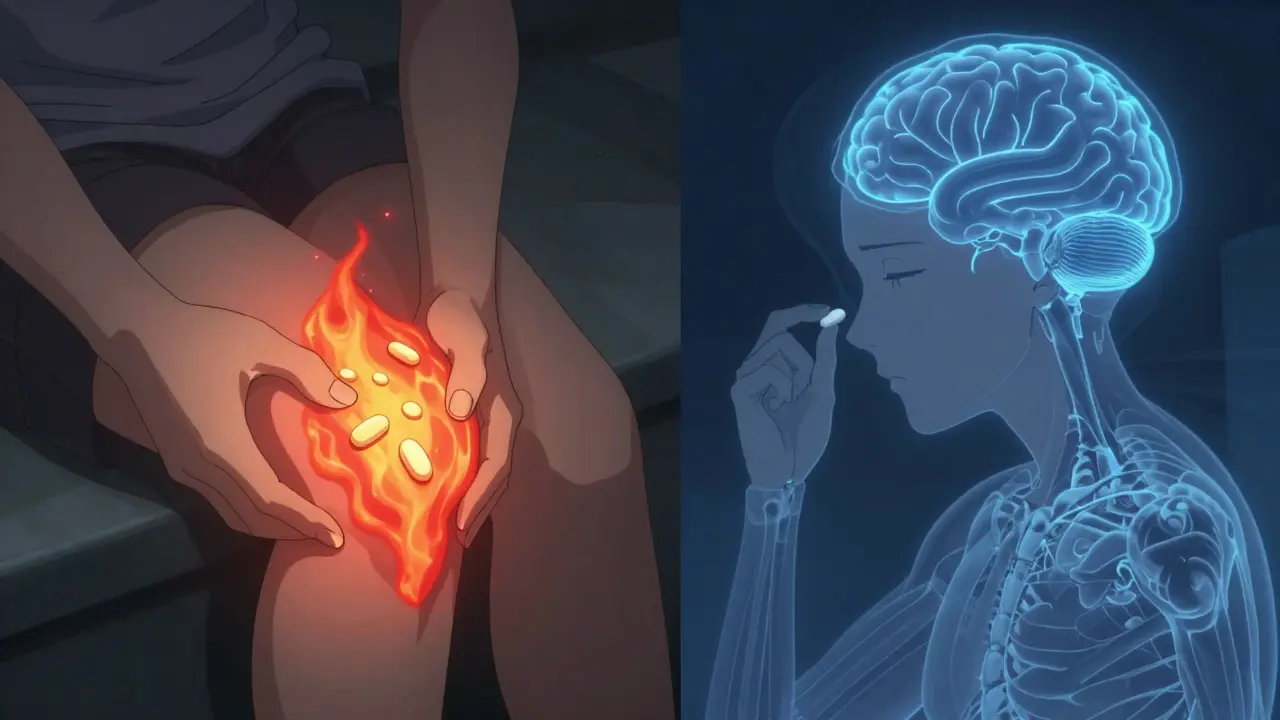 Split scene: NSAIDs reduce knee inflammation, acetaminophen only dims brain pain signals without swelling change.