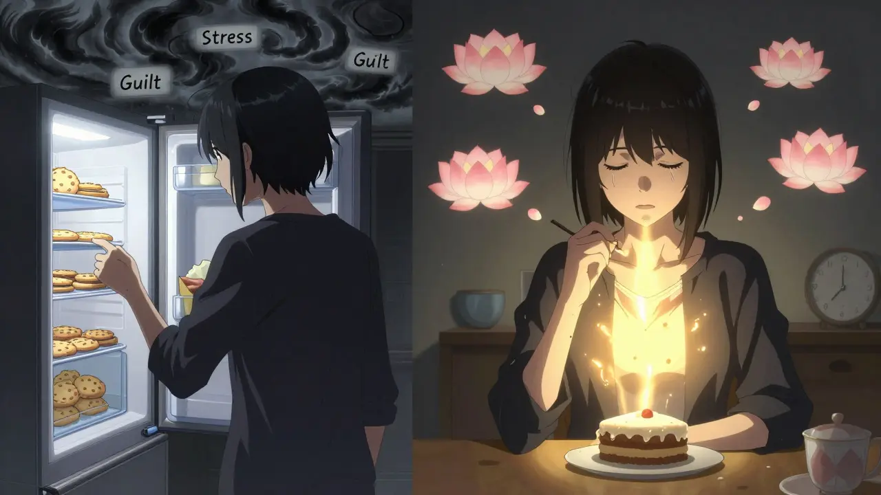 Split scene: person resisting cravings vs. peacefully enjoying a small treat with inner calm.