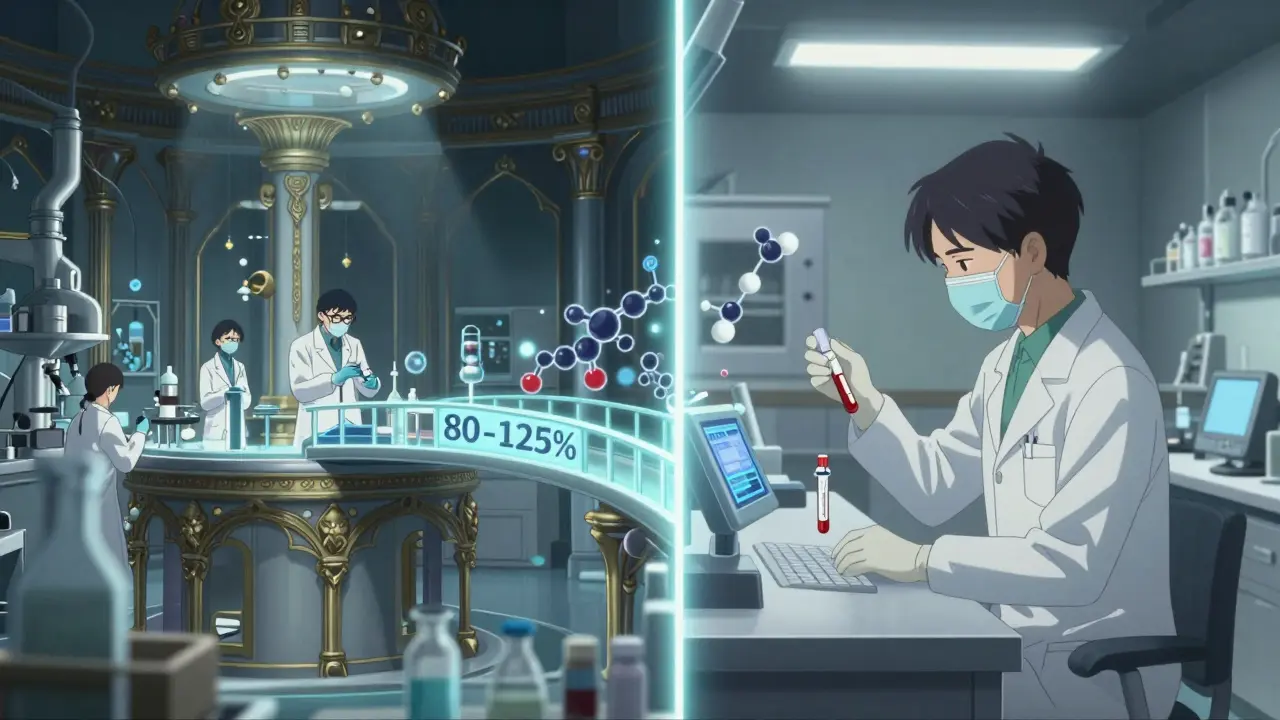 Split-screen: expensive brand drug trials vs. simple generic bioequivalence test.