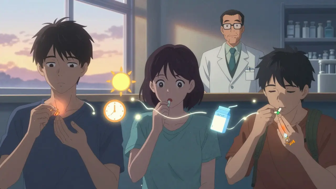 Three daily medication routines with interaction icons, guided by a pharmacist in the background.