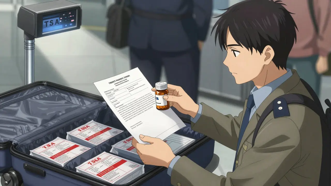 Traveler calmly explaining medication labels to TSA agent at airport security checkpoint.