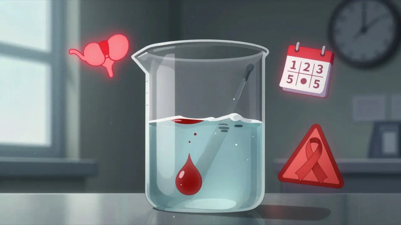 Urine sample with a drop of blood, surrounded by medical symbols indicating long-term bladder cancer risk.
