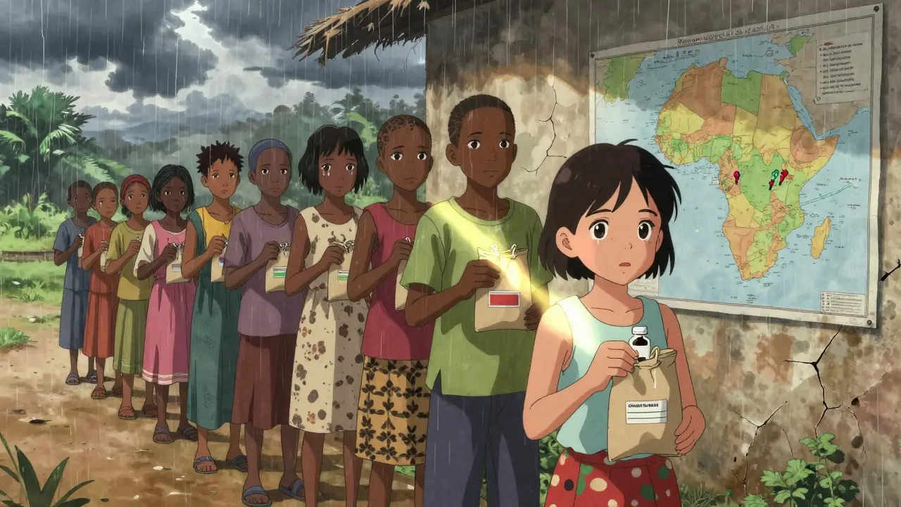 A line of patients in a rainy Tanzanian village hold generic medicine bags, a young girl clutching antimalarial syrup as sunlight breaks through clouds.