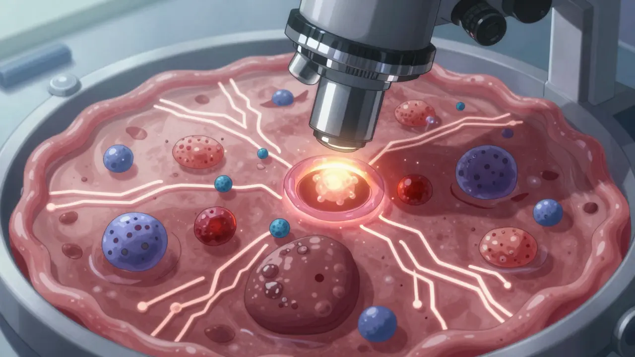 A microscopic view of a placenta-on-a-chip device with drug molecules and transporters in action.