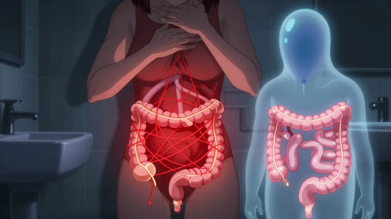 A person on a toilet with glowing pelvic muscles tightening, a diagnostic balloon floating beside them.