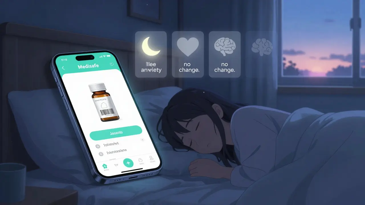 A sleeping woman with a smartphone glowing beside her, showing digital symptom icons fading as her journal confirms stability.