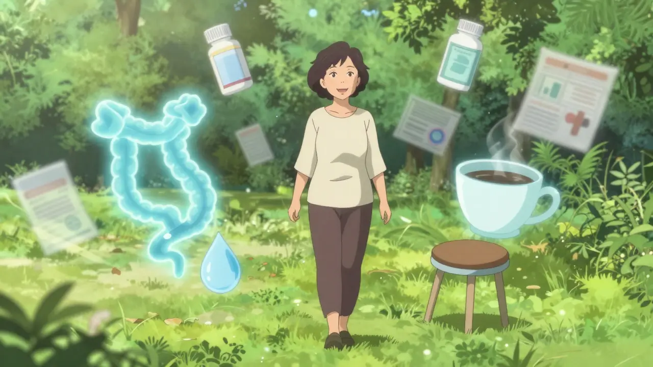 A woman walking in a park, surrounded by symbols of healthy bowel habits as medical icons fade away.