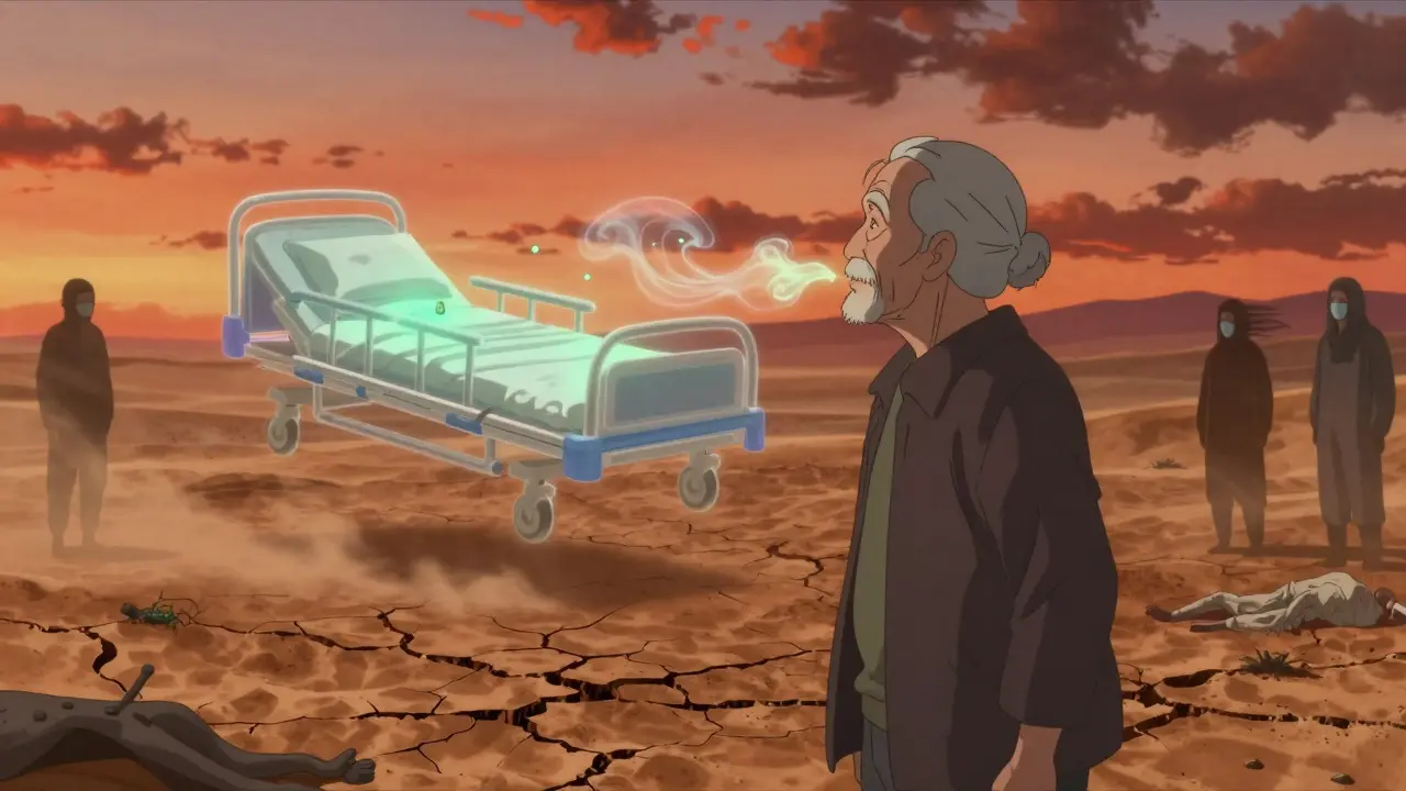 An elderly person breathes in glowing fungal spores in a desert, while antifungal drugs glow beside a floating hospital bed.