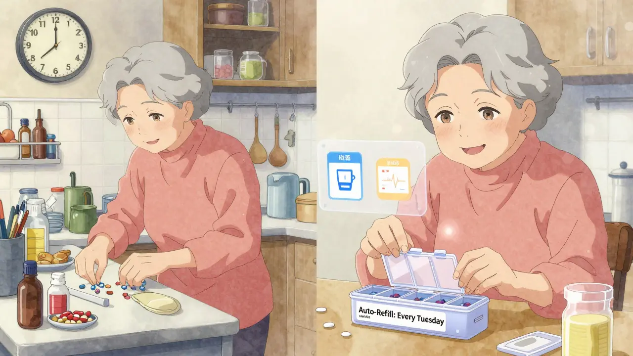 An elderly woman smiling beside a labeled pillbox, with digital icons floating around her in a split-screen scene.