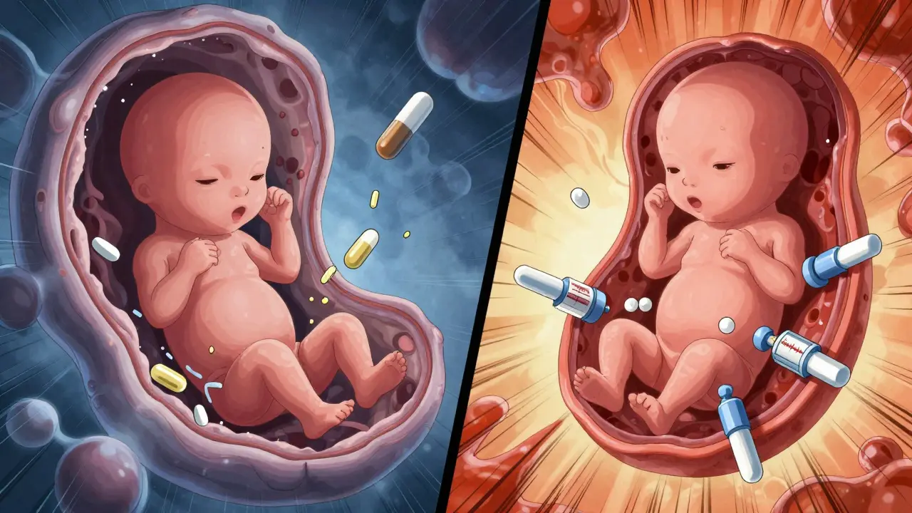 Contrasting early and late pregnancy placenta structures showing changing drug permeability.