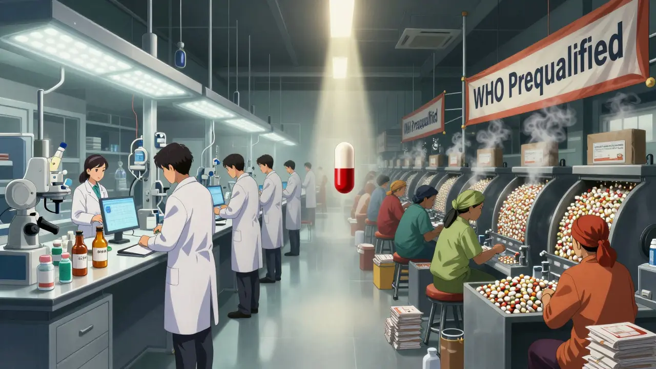 Contrasting scenes of a high-tech pharmaceutical lab and a bulk generic drug factory connected by a transforming pill, with detailed machinery and workers.