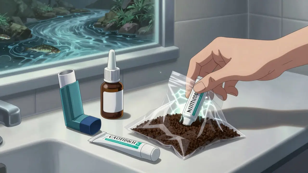 Expired inhaler, eye drops, and cream on a counter, emitting glowing cracks, being disposed in a sealed bag with coffee grounds.