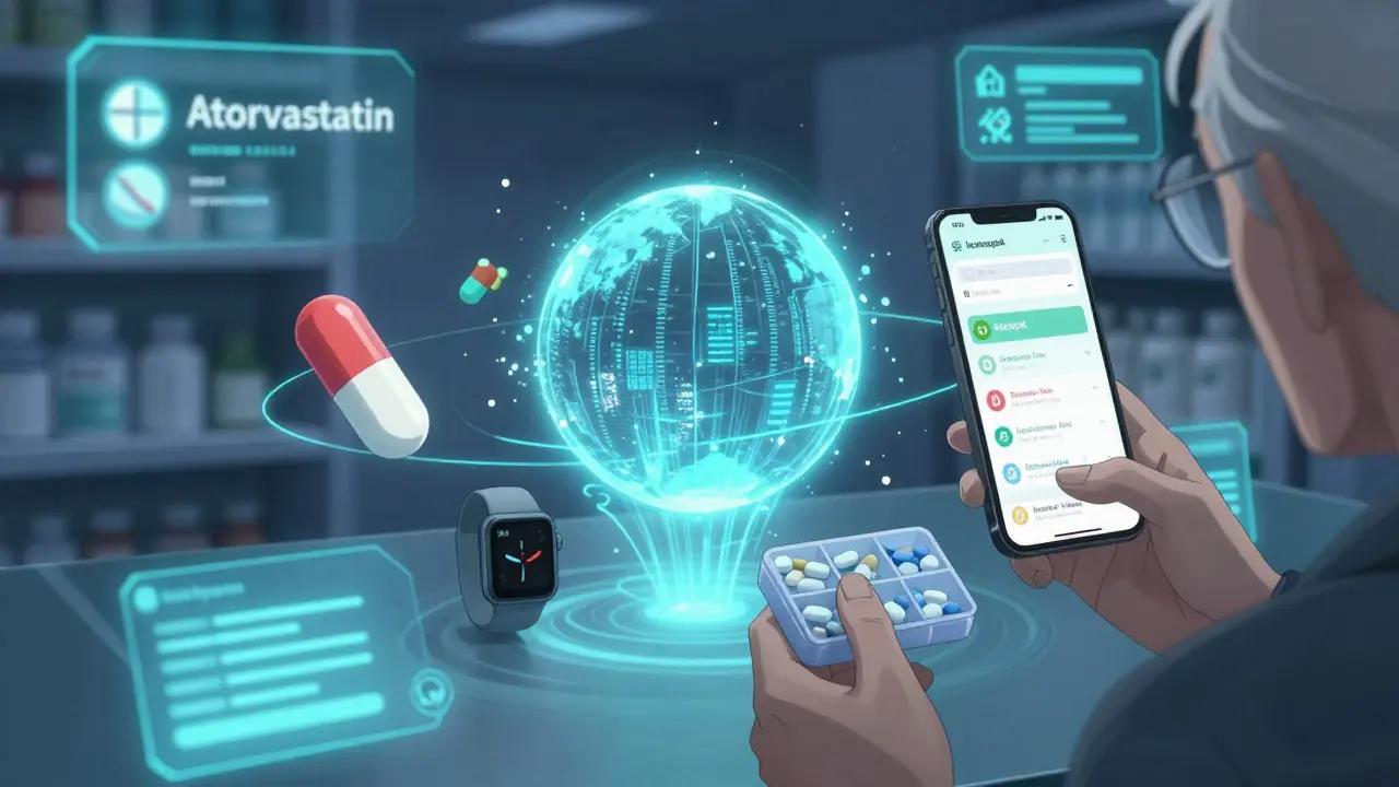 Floating generic pills orbiting an AI orb connected to an iPhone Health app and an elderly person's hand holding a pill organizer.