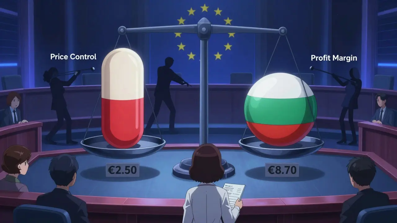 Identical pills on a scale show wildly different prices in Germany and Bulgaria, with policymakers manipulating pricing levers in a neon-lit EU chamber.