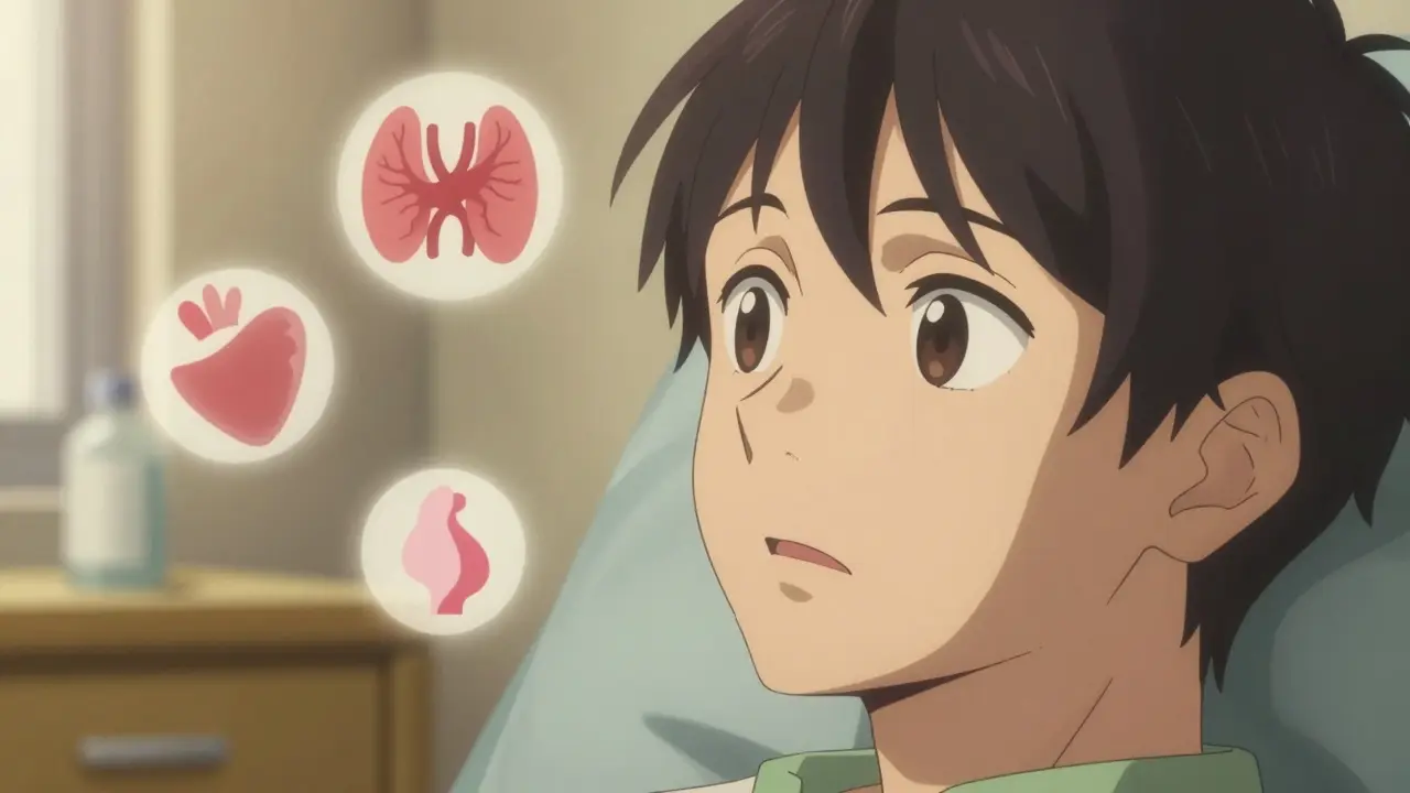 Patient with thyroid, heart, and pregnancy symbols in clinic