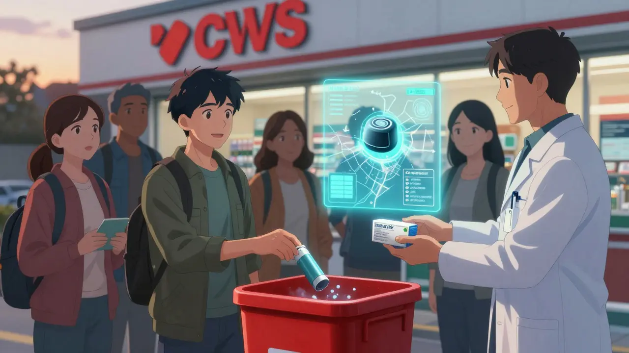 People disposing of expired meds at a pharmacy, one receiving a new inhaler, with a glowing GPS cap projecting a map in the background.