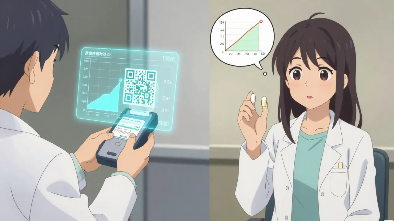 Pharmacist scanning a pill bottle while a patient holds two different generic pills, with a TSH level graph floating above.