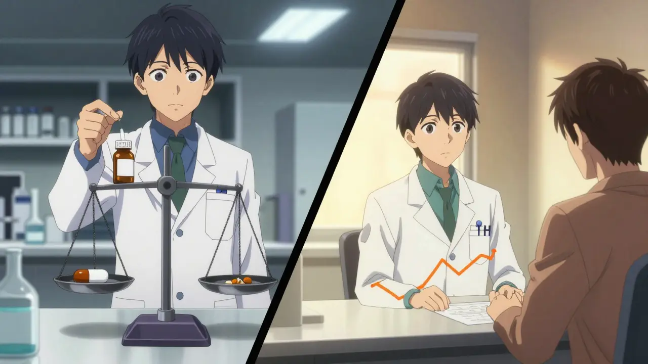 Scientist and doctor discussing TSH graph with pill bottle