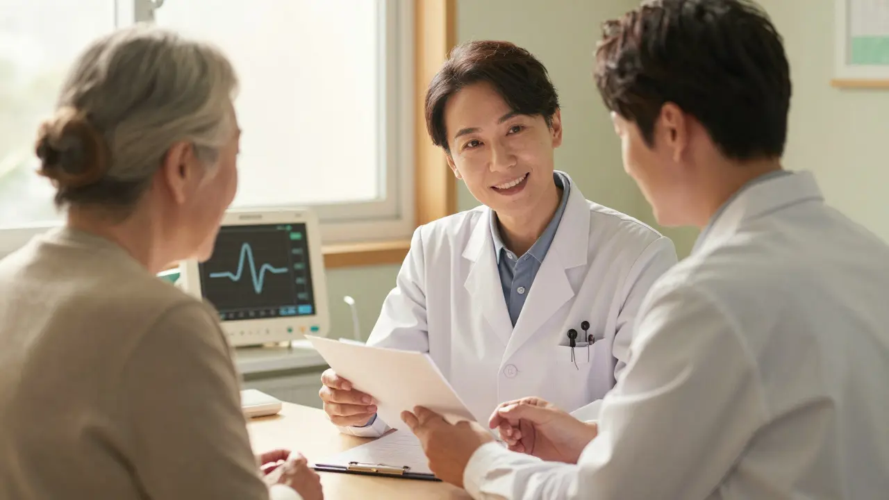 Senior patient and cardiologist discussing combination therapy prescription