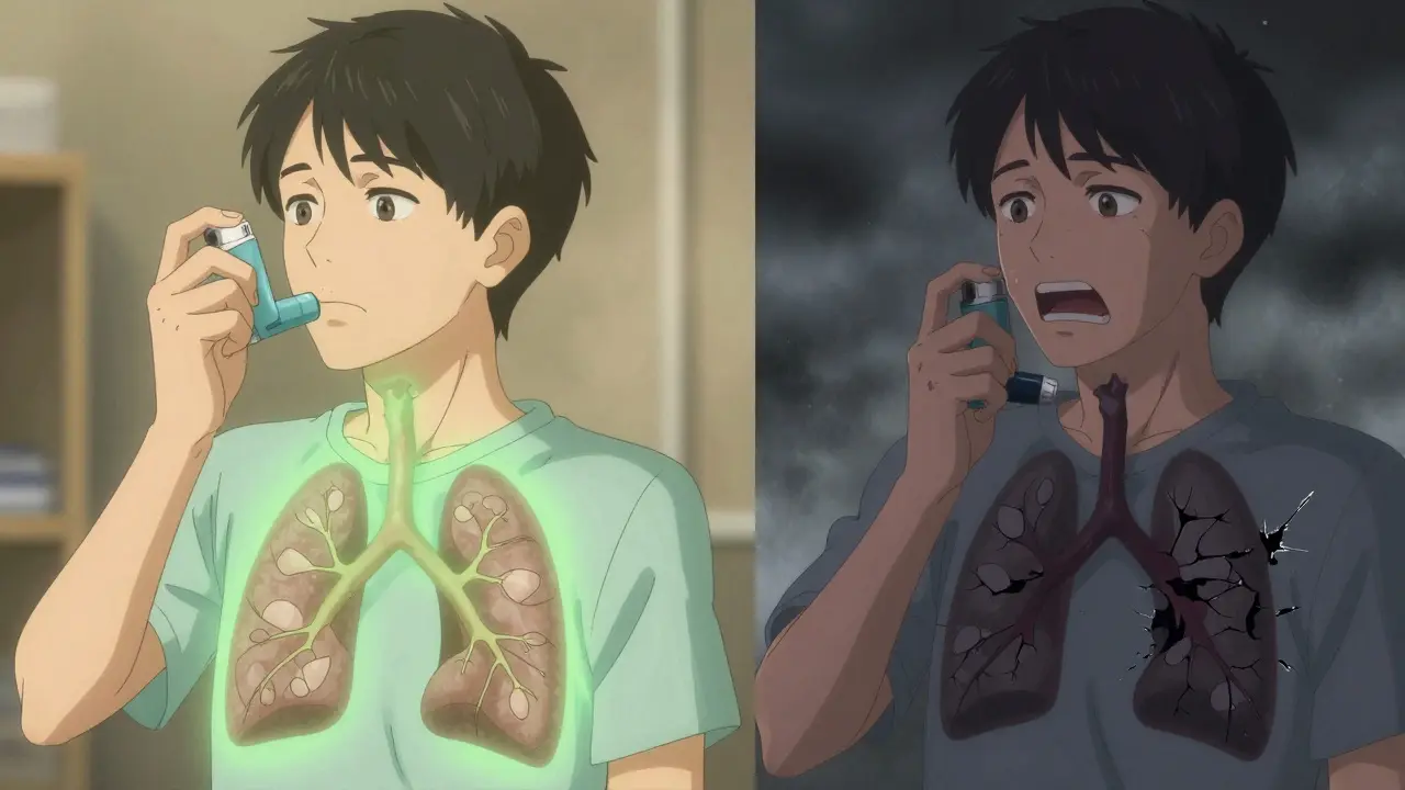 Split scene showing a person using maintenance inhaler with healing light vs. rescue inhaler during crisis.