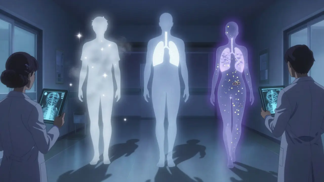 Three translucent patients float in a hospital hallway, each representing bacterial, viral, and fungal pneumonia with distinct glowing lung patterns.