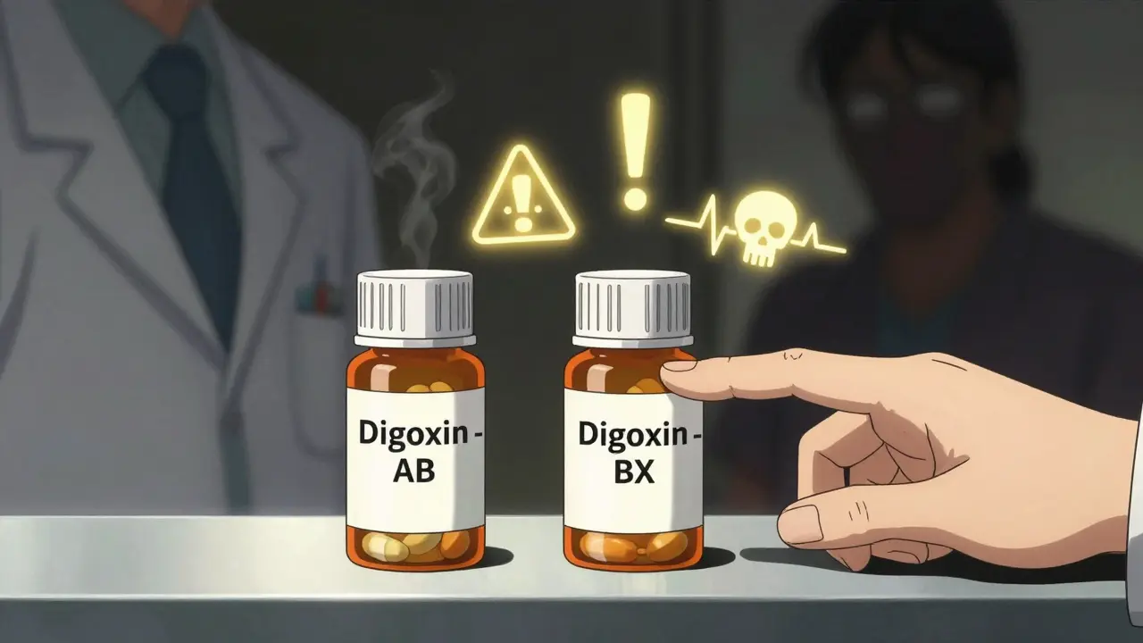 Two generic digoxin pill bottles side by side, one marked BX with glowing warning symbols, a pharmacist pointing at it.
