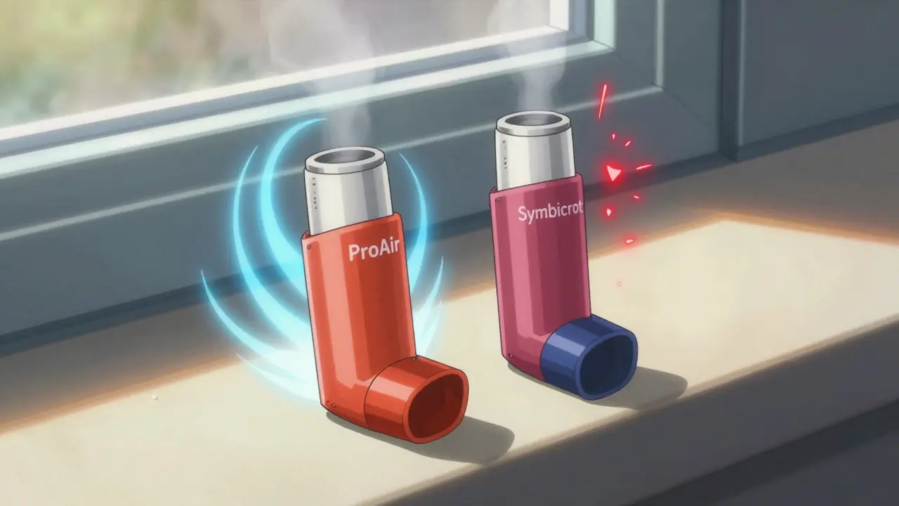 Two inhalers side by side — red and blue — with glowing energy representing their different functions.