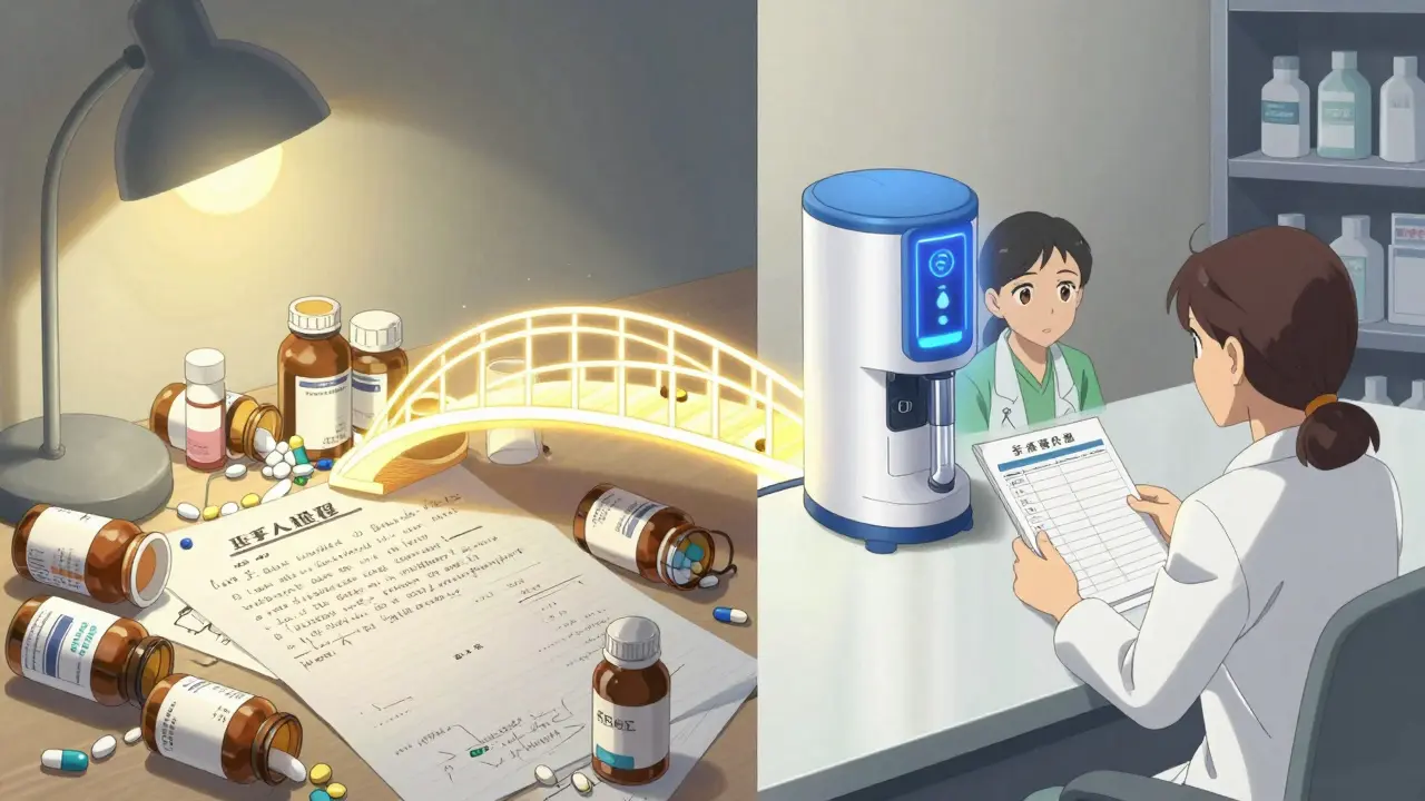A contrast between chaotic medication clutter and an organized, safe system with glowing connection.