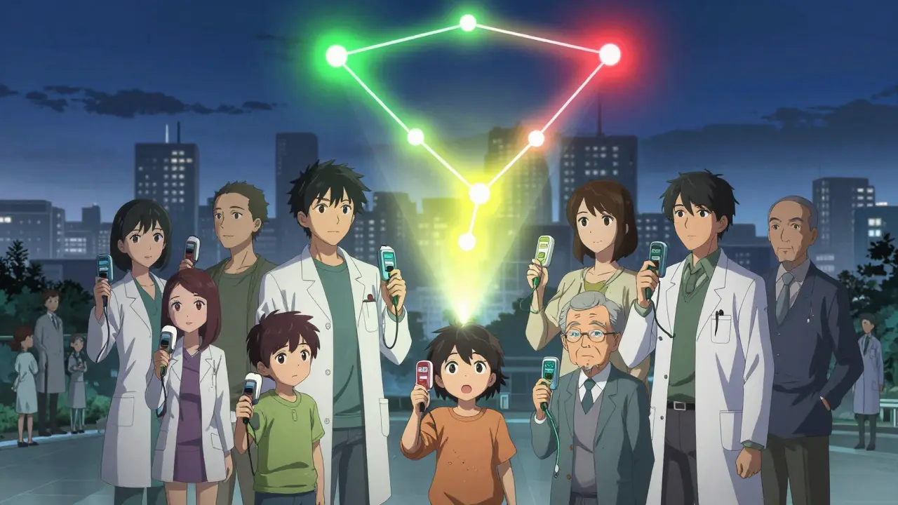 A group of people with peak flow meters forming a constellation of asthma zones.