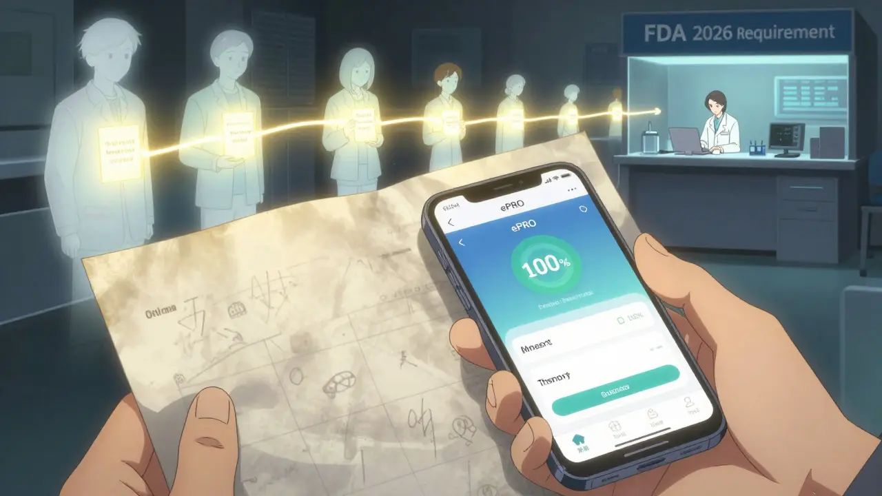 A hand holding both a paper survey and a smartphone, with glowing connections showing how patient reports shape drug safety research.