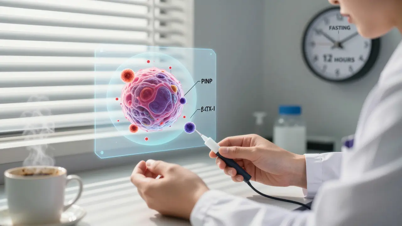 A lab technician draws blood at dawn, with microscopic bone turnover markers visibly floating in the air beside the vial.