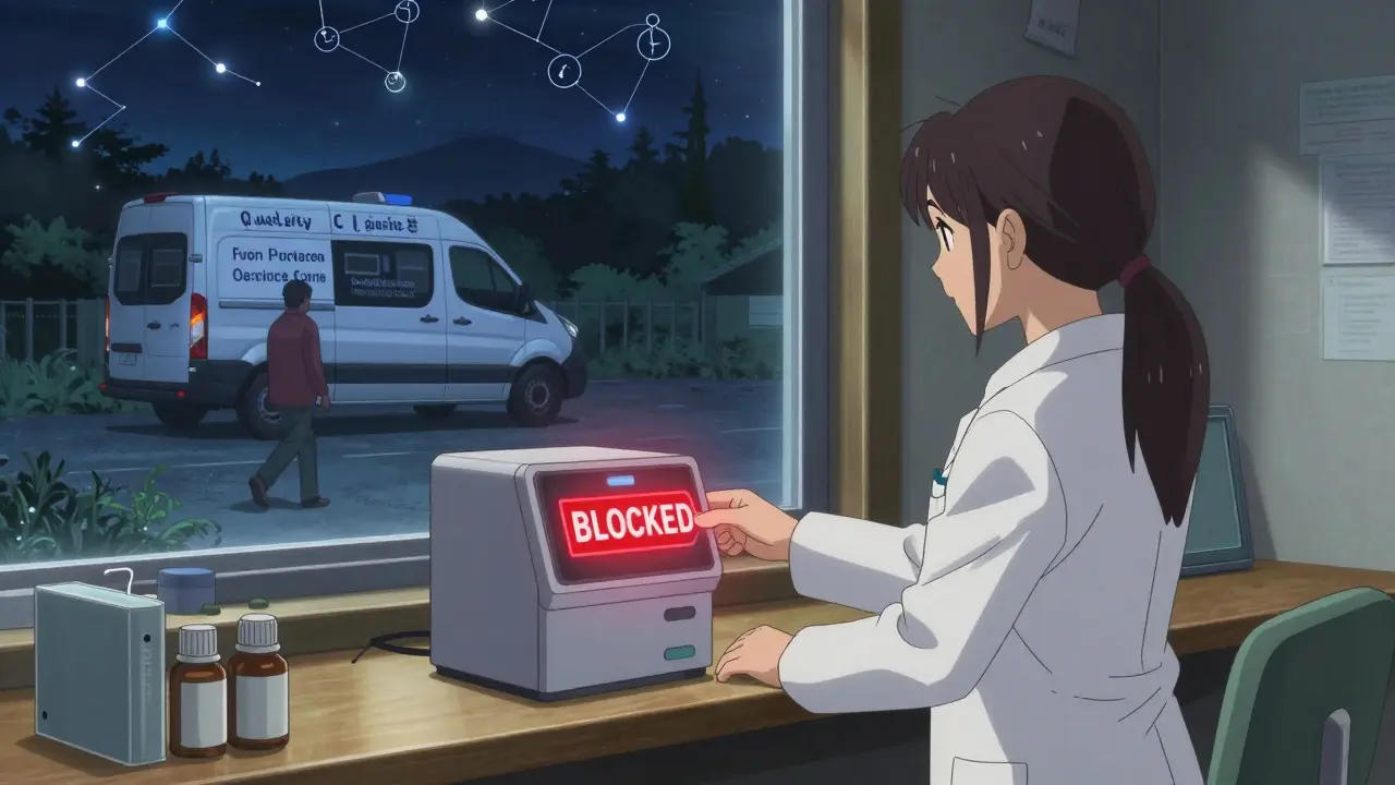 A pharmacist blocks an unsafe opioid prescription as a patient heads to a community health van.