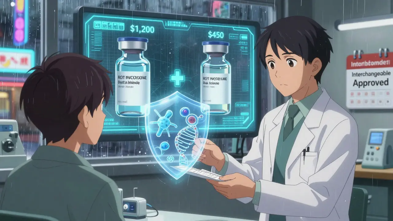 A pharmacist hands a prescription to a patient, with holographic price tags and glowing antibody icons around them.