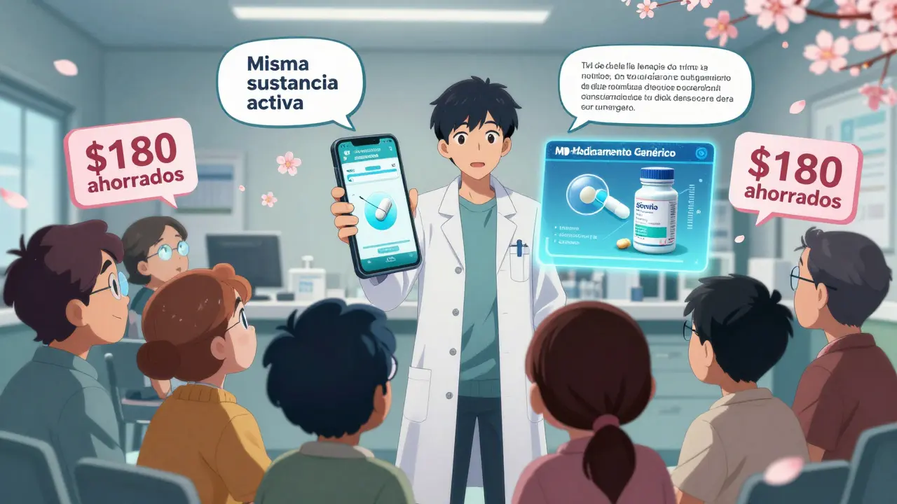 A pharmacist using a mobile app to scan a pill, projecting a 3D animation of its active ingredient with Spanish explanatory labels.